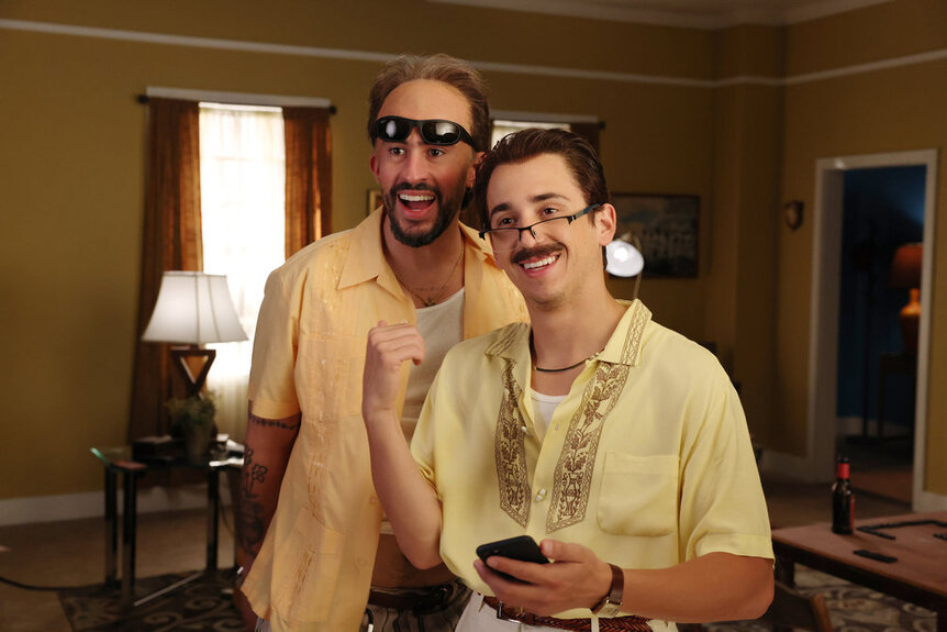 Host Bad Bunny and Marcello Hernández during the “Chat GPTio” sketch on Saturday, October 4, 2025