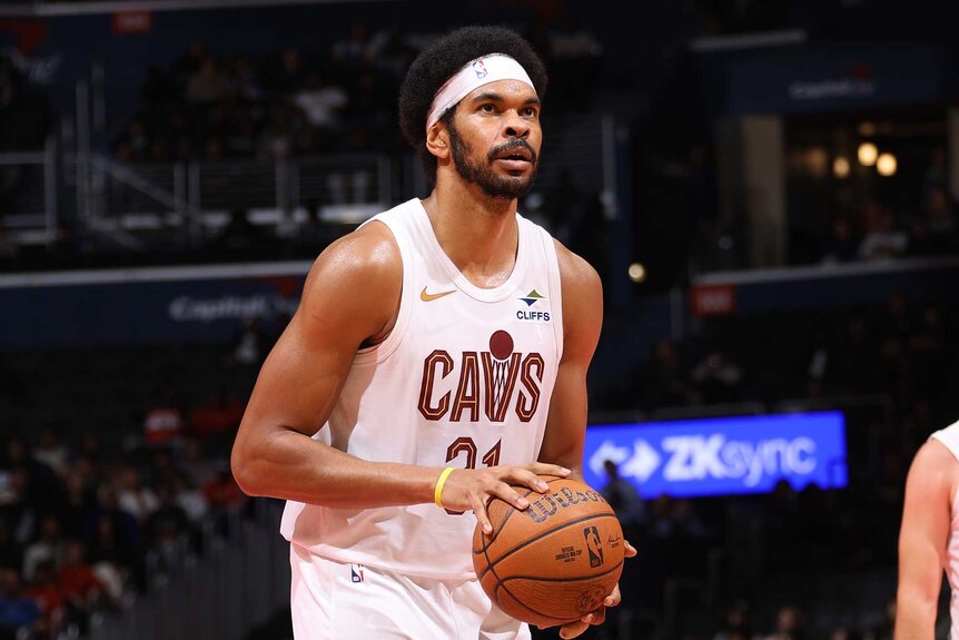 Jarrett Allen of the Cleveland Cavaliers shoots a free throw during the game against the Washington Wizards.