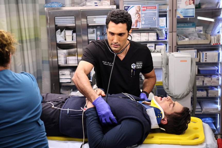 Crockett Marcel (Dominic Rains) and Omar Thomas (Corey Cott) on Chicago Med Season 8 Episode 11.