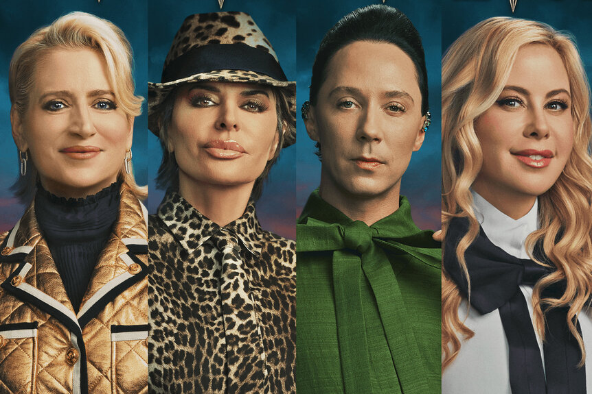 A split featuring Dorinda Medley, Lisa Rinna, Johnny Weir, and Tara Lipinski on The Traitors Season 4.