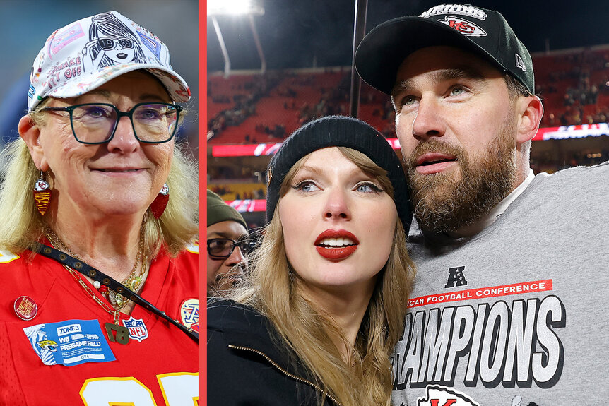 A split featuring Donna Kelce, Taylor Swift, and Travis Kelce.