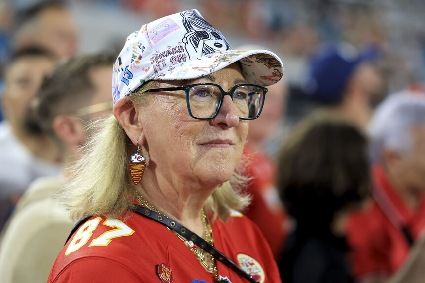Donna Kelce looking on ahead of a football game.