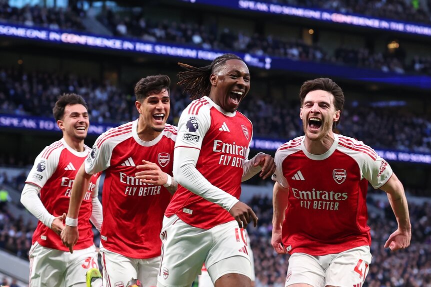 Eberechi Eze of Arsenal celebrates scoring his team's first goal.