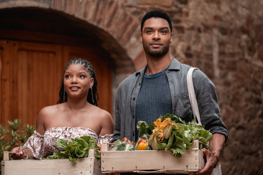 Halle Bailey and Rege Jean Page in You, Me & Tuscany (2026).