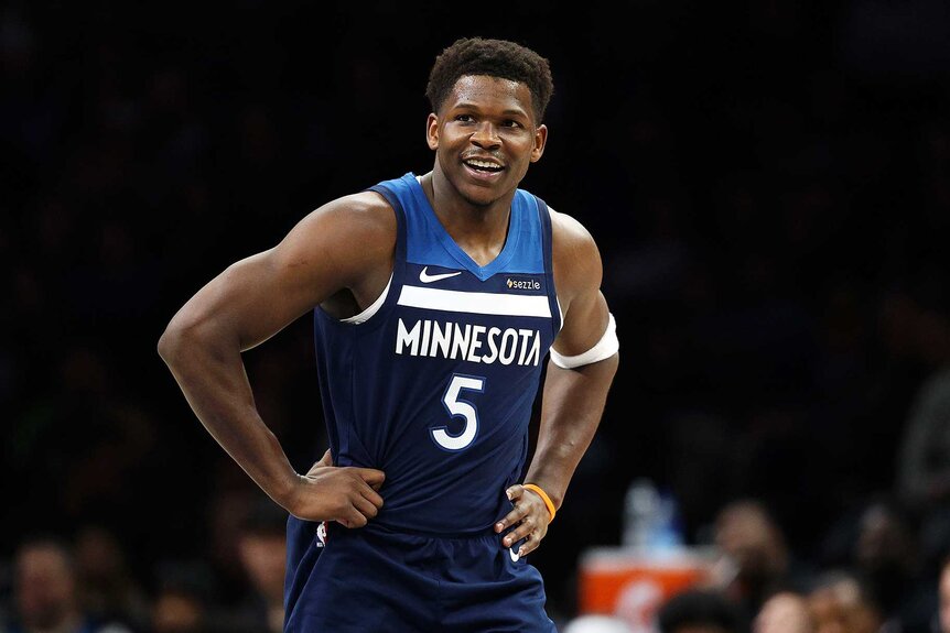 Anthony Edwards of the Minnesota Timberwolves looks on against the Portland Trail Blazers.