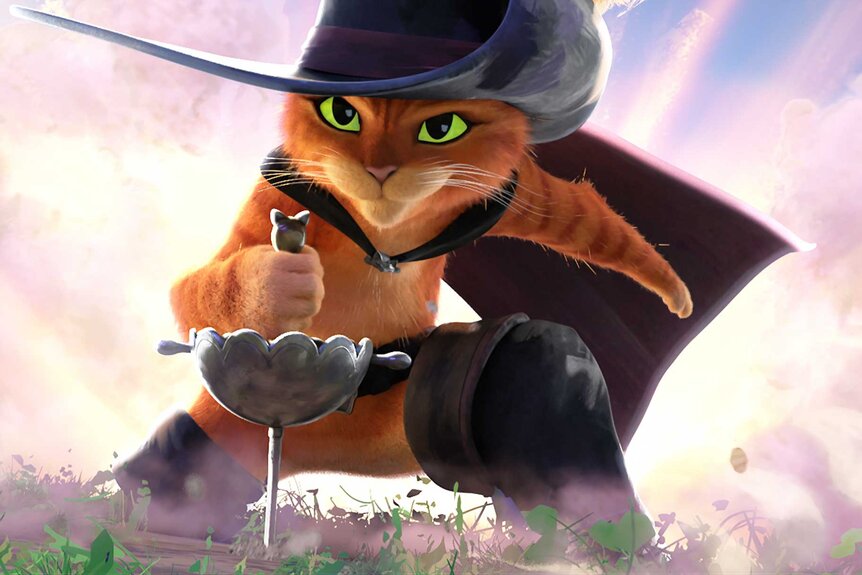 Puss in Boots drawing a sword out of the ground in Puss in Boots: The Last Wish (2022).
