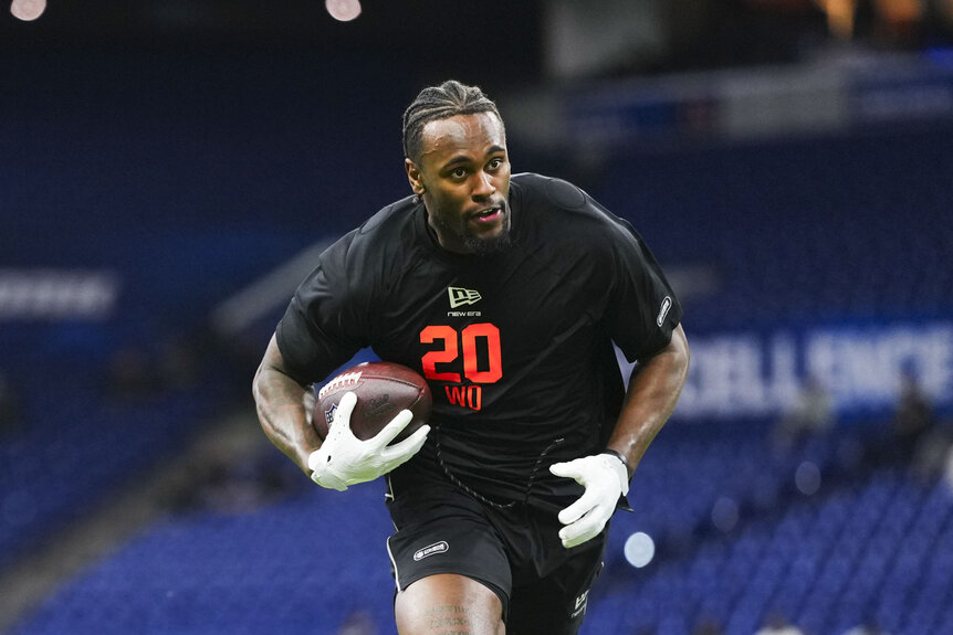 Malachi Fields, #WO20 of Notre Dame, does a drill at the 2026 NFL Scouting Combine.