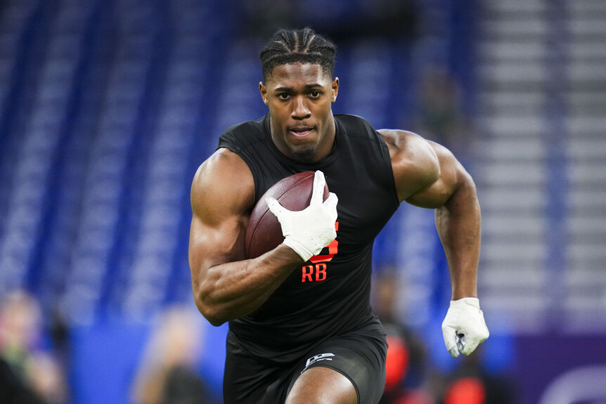 Jadarian Price, #RB15 of Notre Dame, does a drill at the 2026 NFL Scouting Combine.