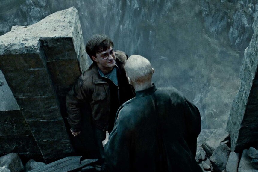 Harry Potter confronting Lord Voldemort in Harry Potter and the Deathly Hallows: Part 2 (2011).