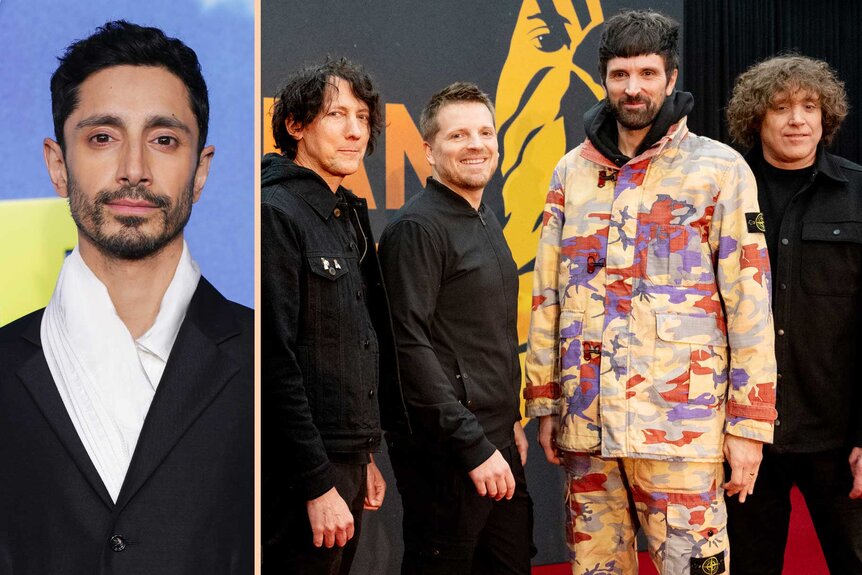A split of Riz Ahmed and Tim Carter, Chris Edwards, Serge Pizzorno and Ian Matthews of Kasabian.