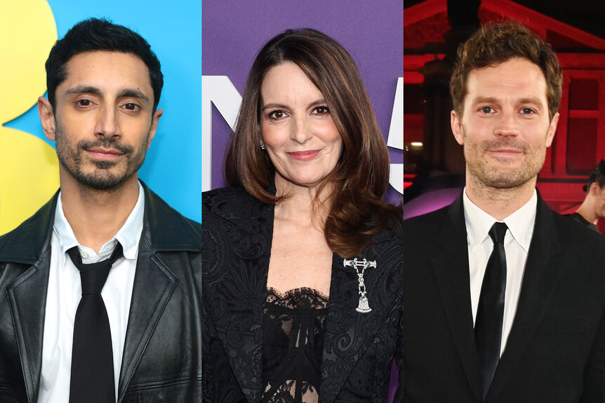 Split of Riz Ahmed, Tina Fey, and Jamie Dornan.