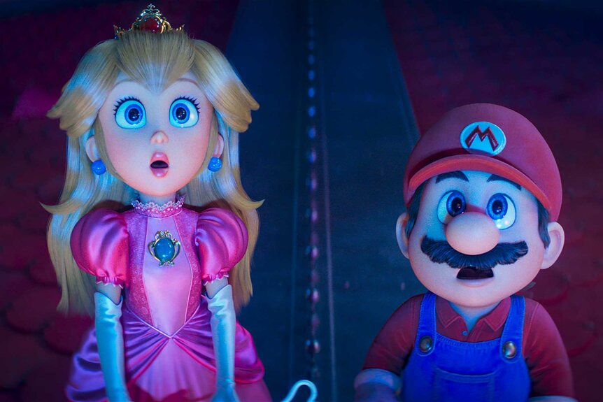 Princess Peach and Mario looking shocked while looking up in The Super Mario Galaxy Movie (2026).