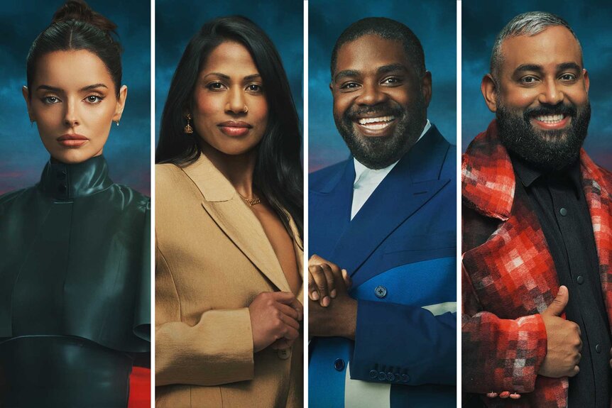 A split of Maura Higgins, Natalie Anderson, Ron Funches, and Yam Yam Arocho from The Traitors Season 4.