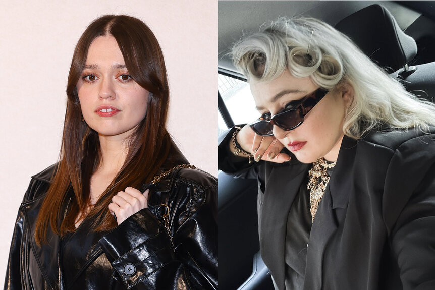 A split of Aimee Lou Wood at Paris Fashion week and MEEK sitting in the backseat of a car