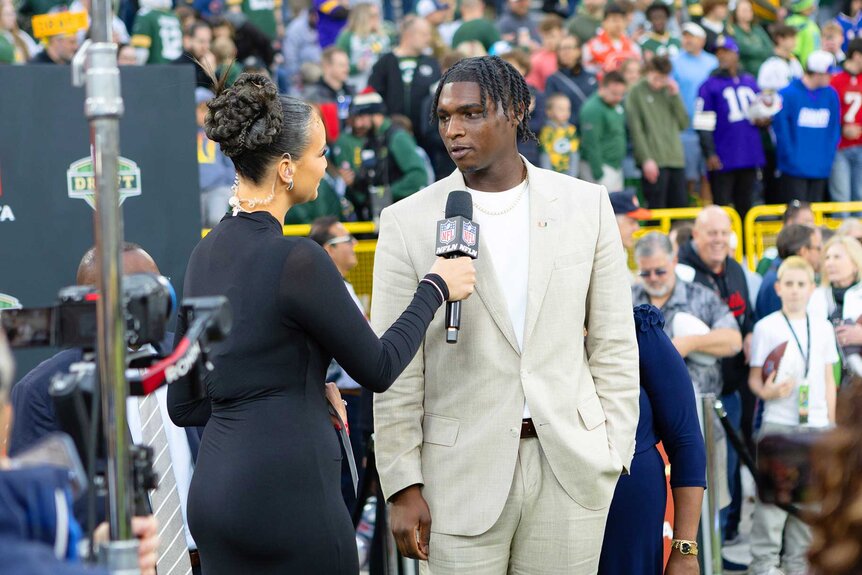 Cameron Ward being interviewed at the 2025 NFL Draft Red Carpet.