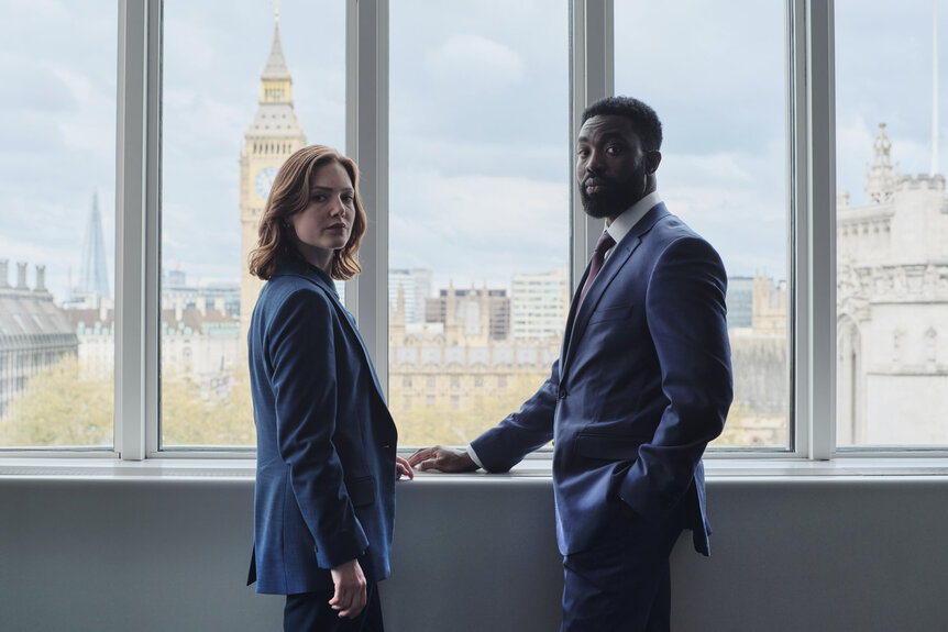 Rachel Carey (Holliday Grainer) and Isaac Turner (Paapa Essiedu) on The Capture Season 3 Episode 1.