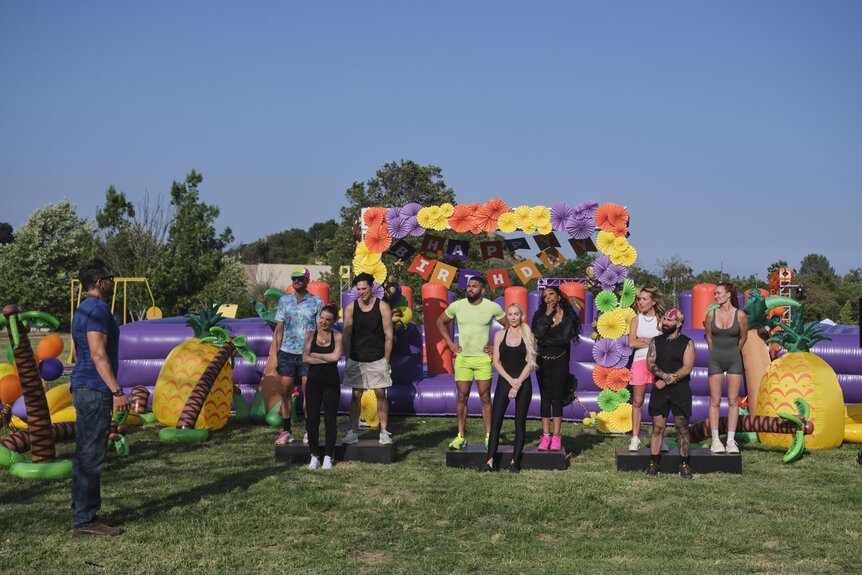 The cast standing outside together in House of Villains Season 3 Episode 5.