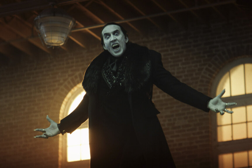 Nicolas Cage as Count Dracula looks menacingly onward in Renfield (2023).