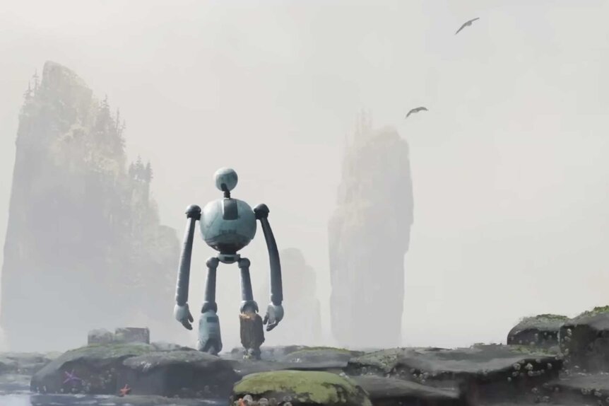 Roz looks up at flying birds in The Wild Robot (2024).