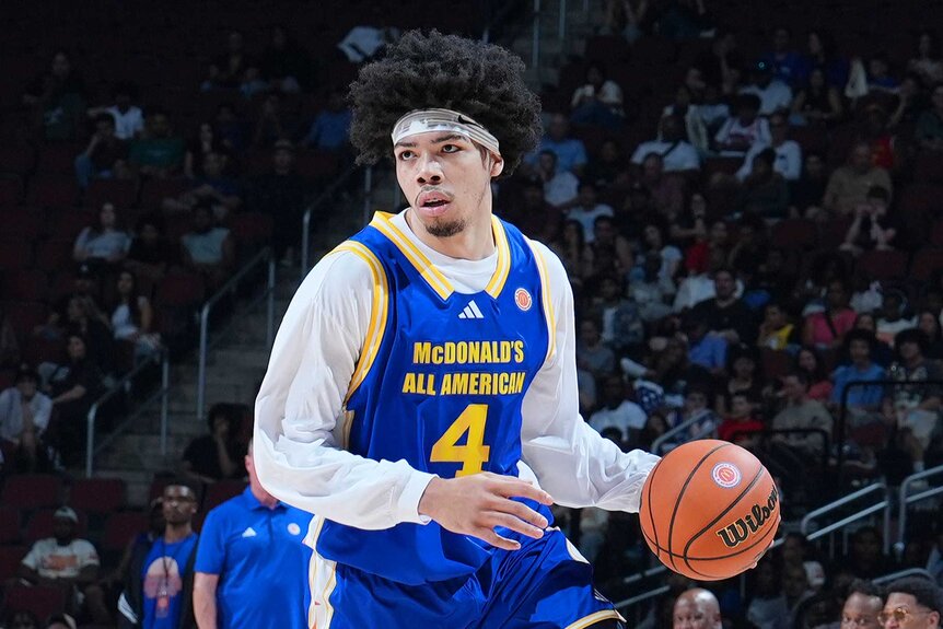 Tyran Stokes brings the ball up court during the 49th McDonald's High School All American Boys Game.