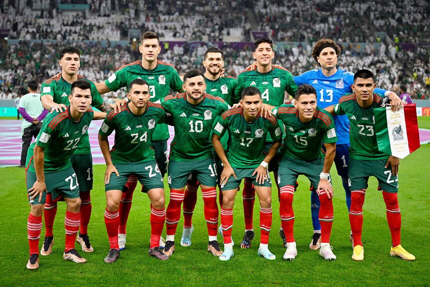 Team Mexico lines up ahead of the Qatar 2022 World Cup Group C football match between Saudi Arabia and Mexico.