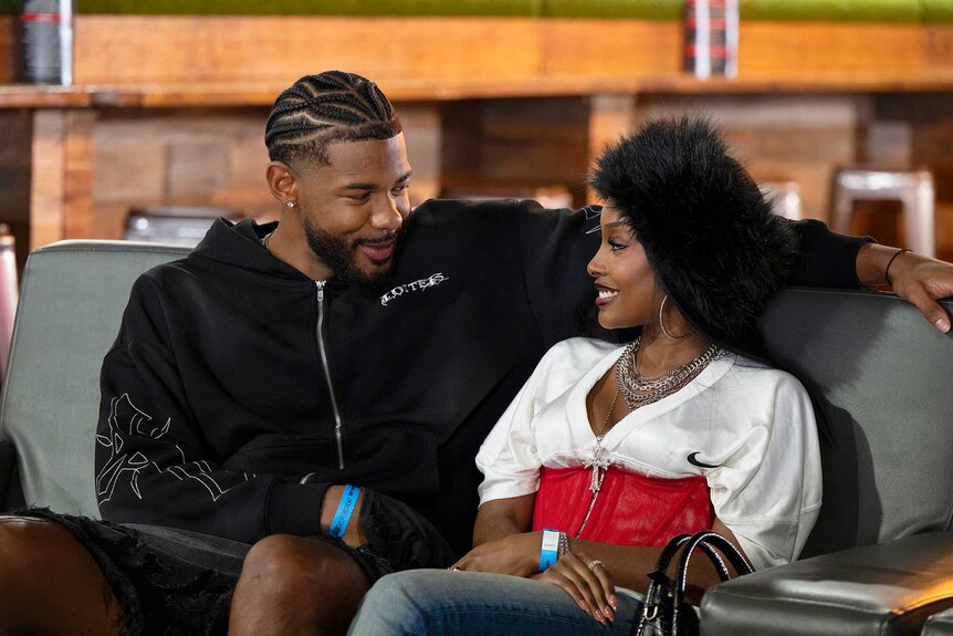 Chris Seely and Courtney CoCo Watson smiling and looking at each other Love Island: Beyond The Villa Season 2 Episode 3.
