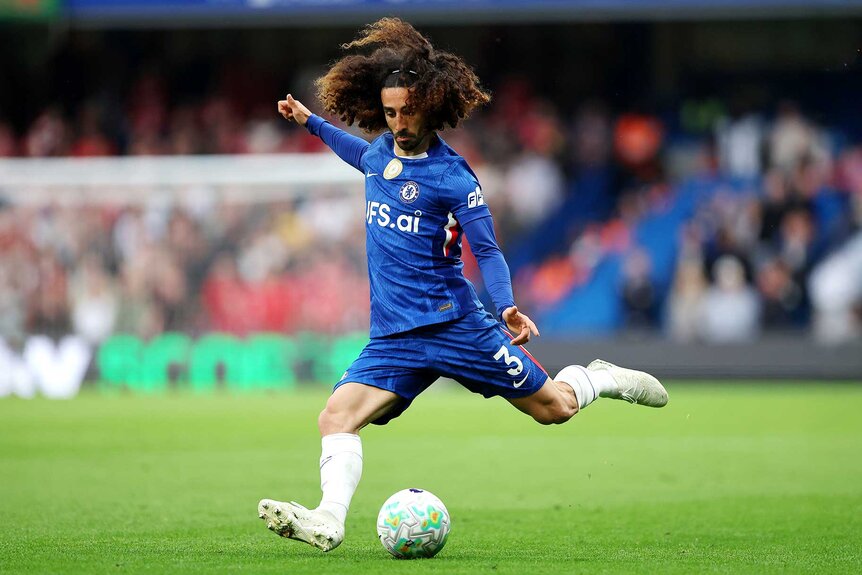 Marc Cucurella of Chelsea kicks the ball during the Premier League match between Chelsea and Nottingham Forest.