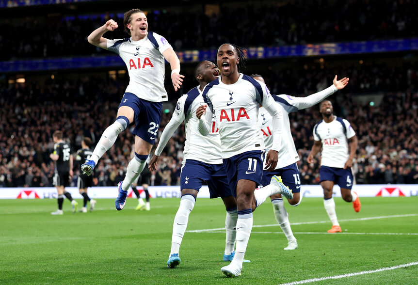 Mathys Tel of Tottenham Hotspur celebrates scoring his team's first goal during the Premier League match.