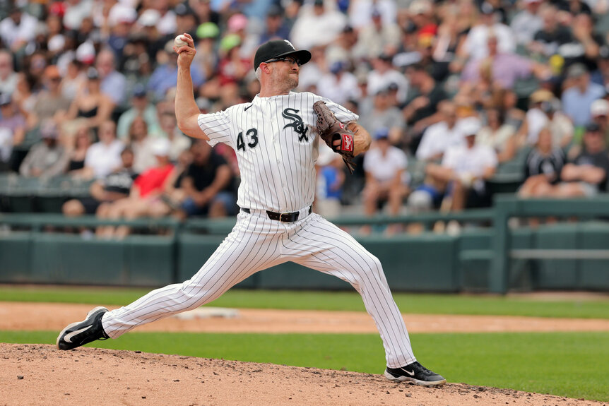 Trevor Richards #43 of the Chicago White Sox pitches during the game between the Kansas City Royals and the Chicago White Sox at Rate Field.