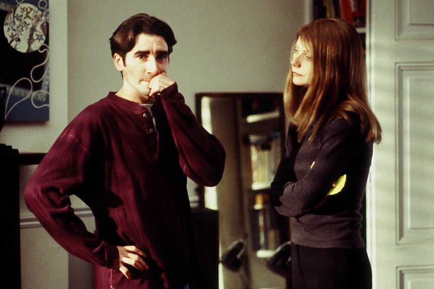 Helen Quilley looking at Gerry as he looks nervous in Sliding Doors (1998).