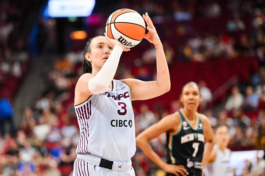 Marina Mabrey of the Toronto Tempo shoots a free throw during the first half against the New York Liberty.