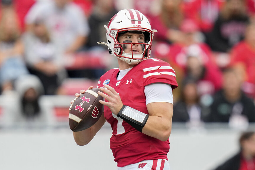 Colton Joseph, #1 of the Wisconsin Badgers, prepares to throw the football during a game.