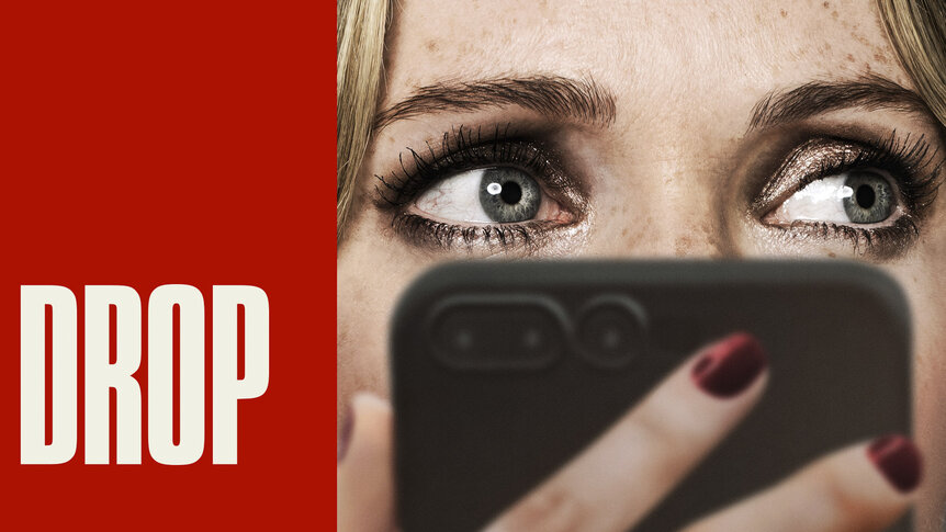 Violet (Meghann Fahy) holding a phone in key art for Drop (2025).