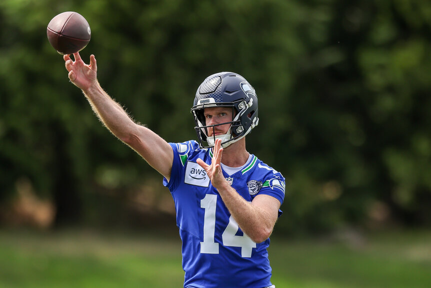 Sam Darnold throwing a football during the Seattle Seahawks Training Camp
