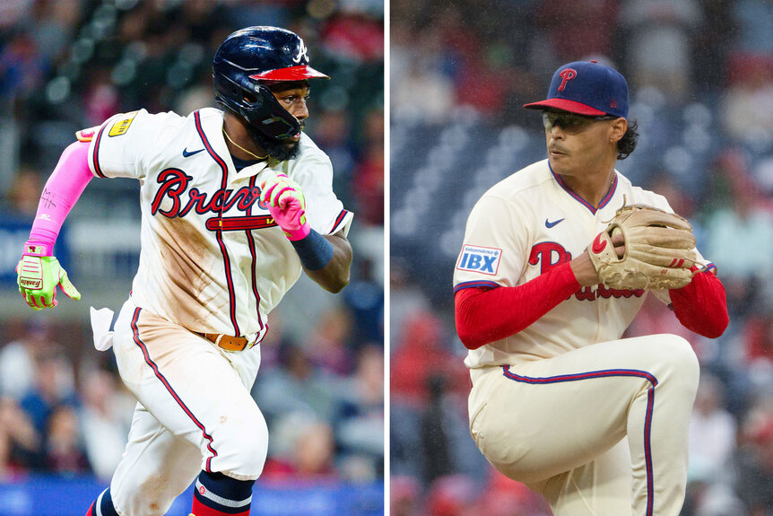 A split of Michael Harris II, #23 of the Atlanta Braves, and Jesús Luzardo, #44 of the Philadelphia Phillies.