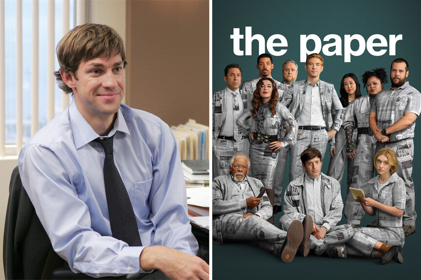 A split of Jim Halpert in The Office and he Paper Season 2 cast.