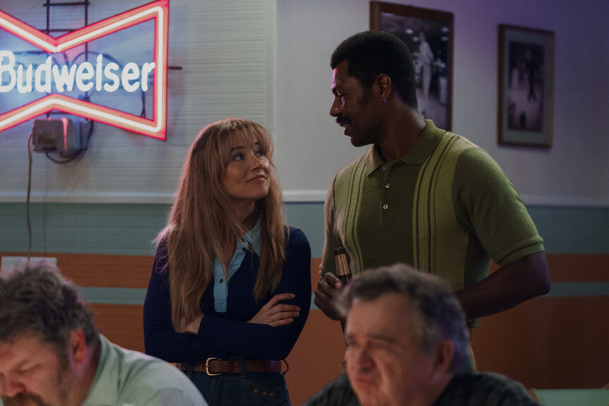 Linda Cardellini as Pam Voorhees and William Catlett as Levon on Crystal Lake Season 1.