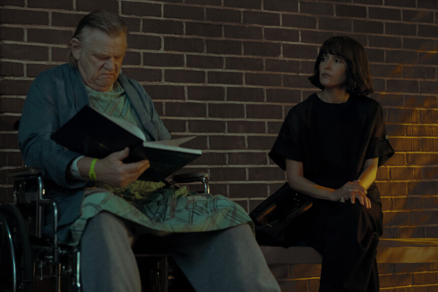 Brendan Gleeson as Rusty and Rose Byrne as Sam sitting outside together on The Good Daughter Season 1.